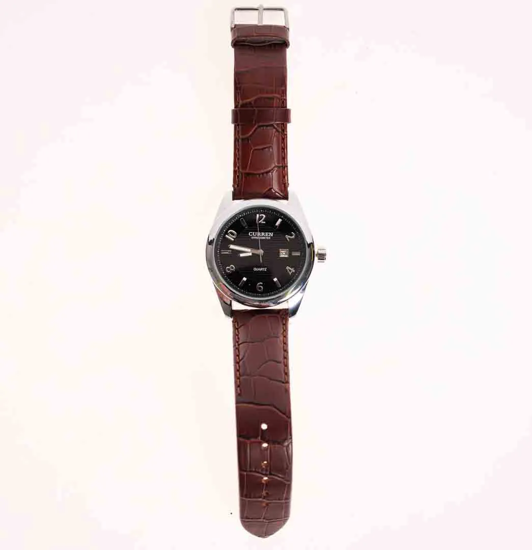 CURREN Quartz Herrenuhr Schwarz mit Datum, braunes Lederband – Bild 3
