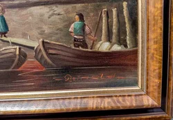 Großes Ölgemälde Hafenstädtchen, signiert Reinold, Prunkrahmen 114x74cm – Vorschau 2