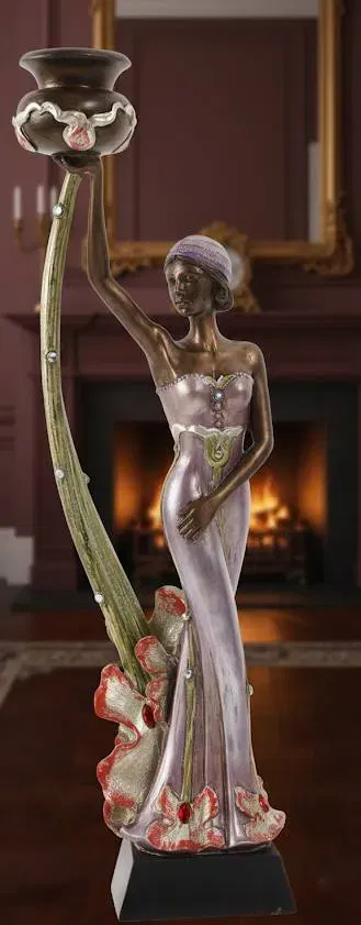 Eleganter Kerzenständer mit Damestatue in lilafarbenem Kleid – bronzefarbene Figur mit Kunstedelsteinen - Bild 4