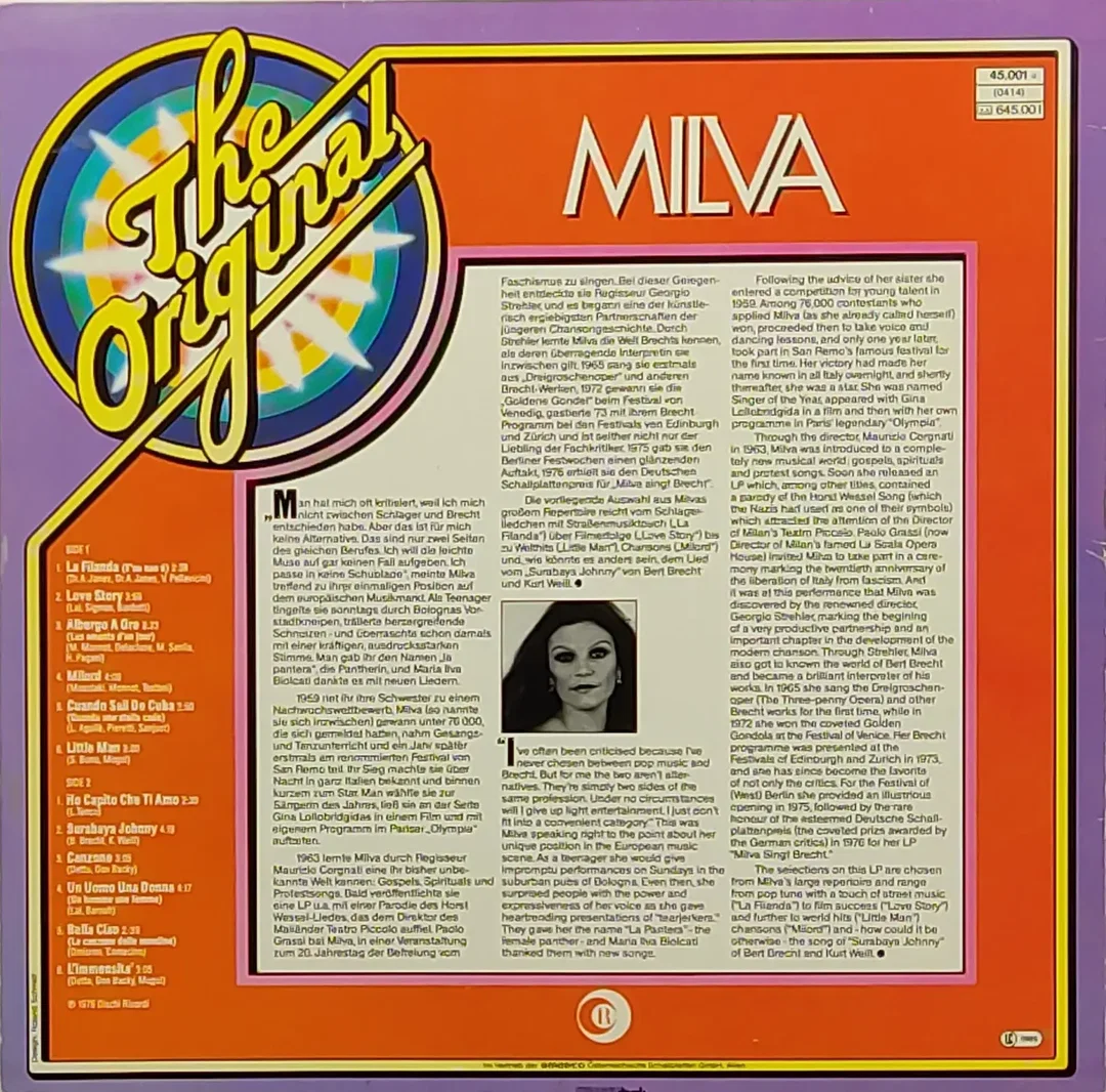  LP Vinyl Milva "The Original"  – Bild 2