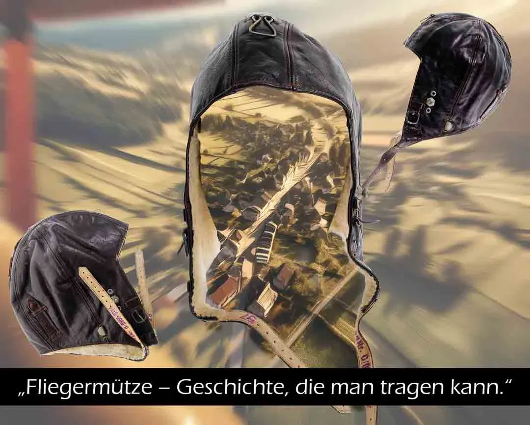 Pilotenmütze Antike Oldtimer Fliegerhaube aus Leder und Wolle in dunkelbraun - Bild 1