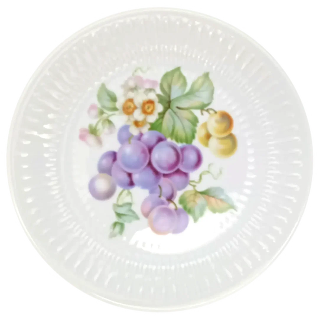 Vintage Hutschenreuther Selb - strukturierte Porzellan-Kuchenplatte mit 6 Gebäcktellern (Serie Apart / Obst-Serie) – Bild 6