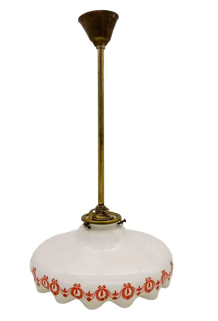 Vintage Hängelampe Opalglas weiß mit rotem Dekor Messing H 42 Ø 22 - Bild 1