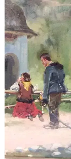 Signiertes Ölgemälde 1930 – Alpenländische Szene mit Bildstock, Pferd und Figuren - Bild 3