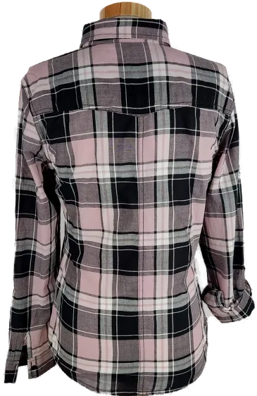 Bluse "Tally Weijl", langarm mit Kragen, rosa/weiß grau/schwarz kariert mit Taschen, Größe 34 – Bild 3