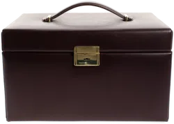 Schmuckkoffer / Schmuckbox, dunkelbraun mit bordeaux Samtinnenfutter, 3-lagig mit Spiegel & Ringrolle — inkl. Schlüssel - Bild 2