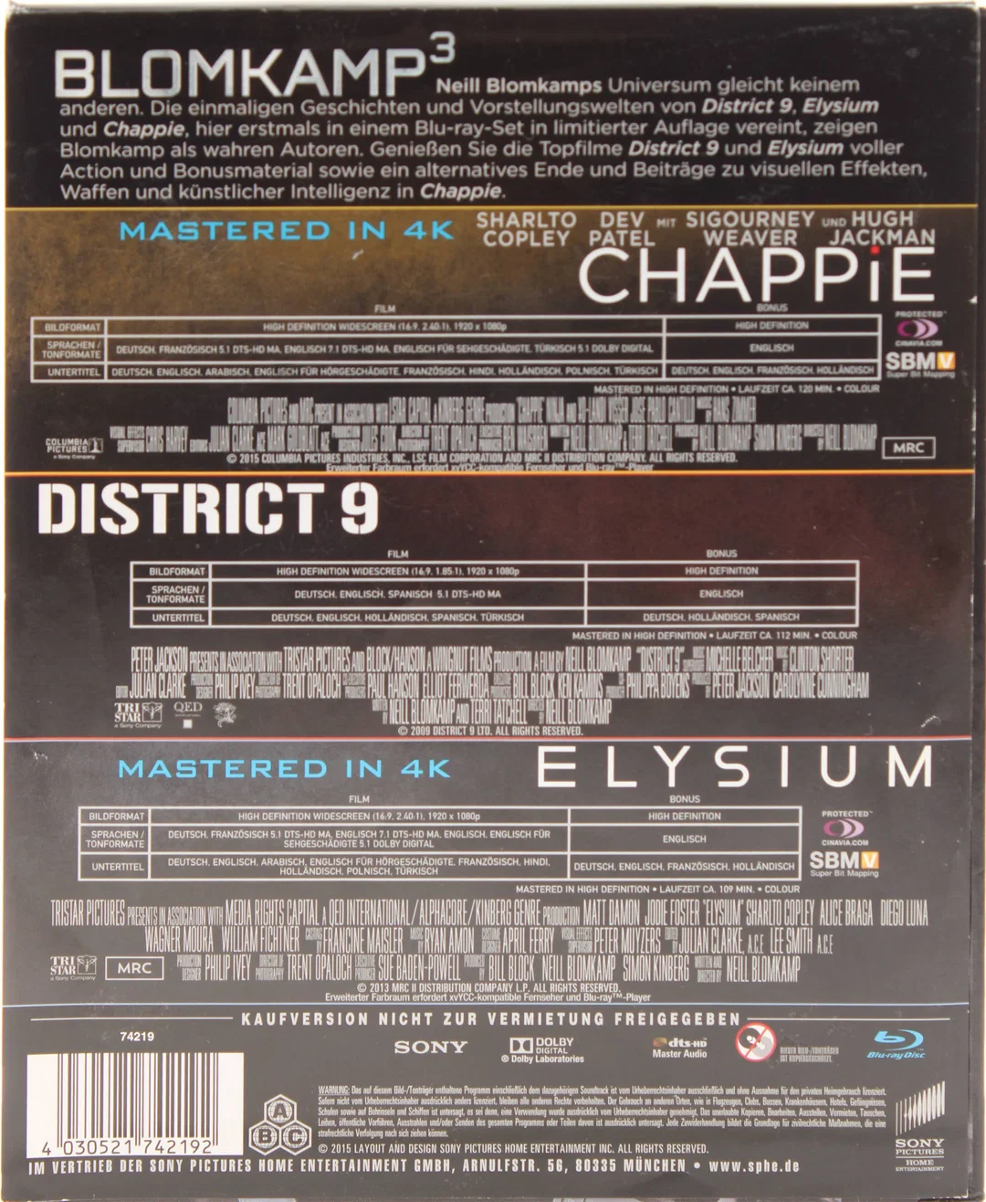 Blu Ray "Blomkamp³" | District 9 · Elysium · Chappie | Sci-Fi | FSK 16 – Bild 3
