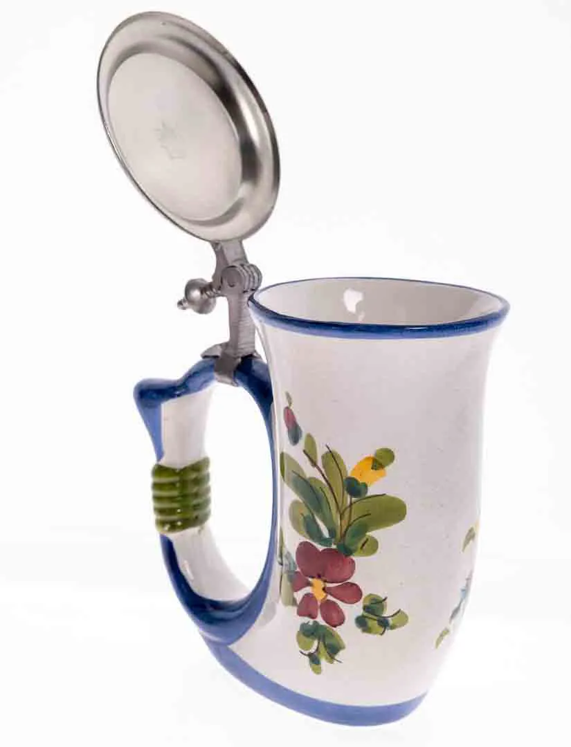 QUIST Handgemachter Keramik Krug mit Zinndeckel mit Blumenmotiv – Bild 2