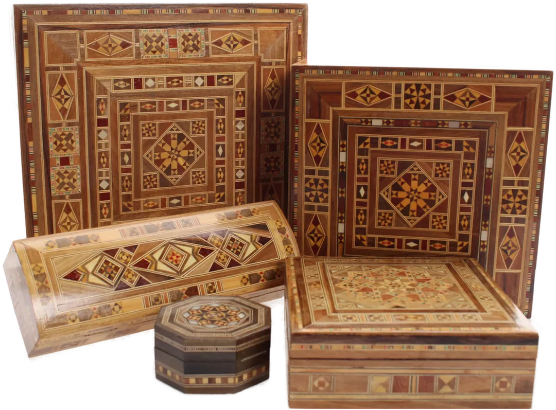 Set orientalischer Intarsienkästchen – 5 Stück, Holz, Handarbeit - Bild 1
