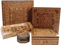 Set orientalischer Intarsienkästchen – 5 Stück, Holz, Handarbeit - Bild 1