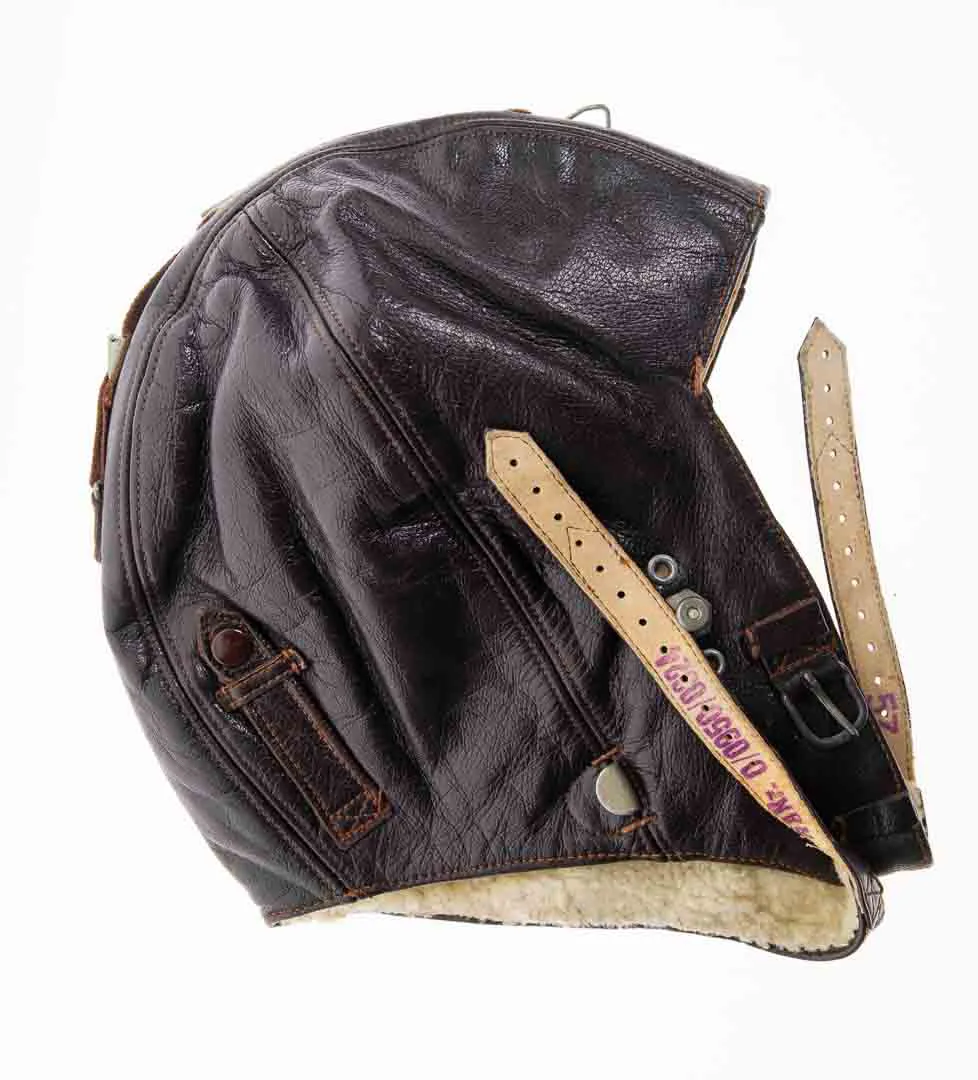 Pilotenmütze Antike Oldtimer Fliegerhaube aus Leder und Wolle in dunkelbraun – Bild 3
