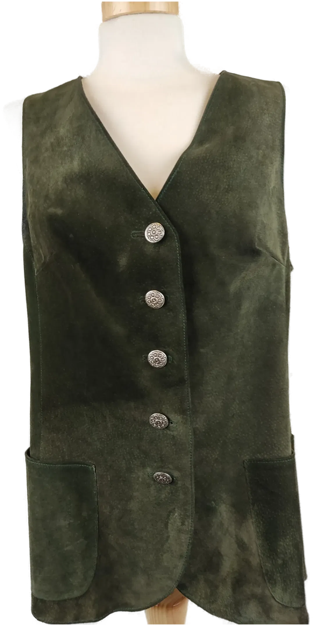 Grünes Gilet aus Rauhleder mit Trachtenknöpfen - Brustumfang: 46cm - Bild 4