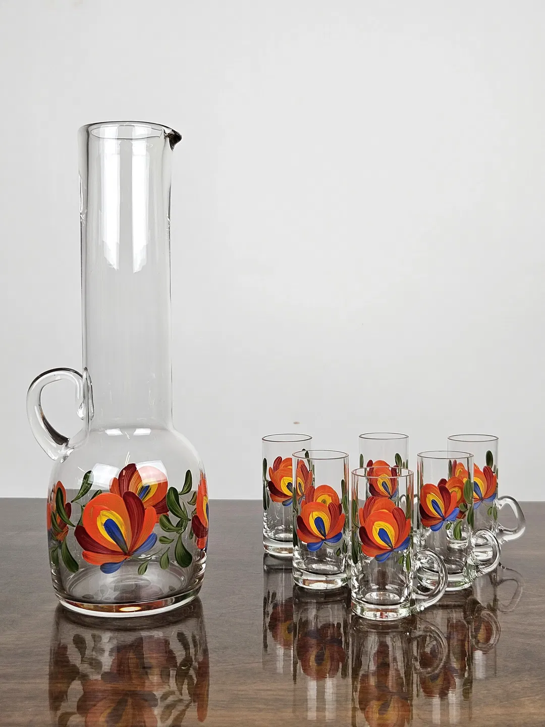 Dekorative Glaskaraffe & Schnapsgläser 6 Stück (handbemalt) - Bild 1