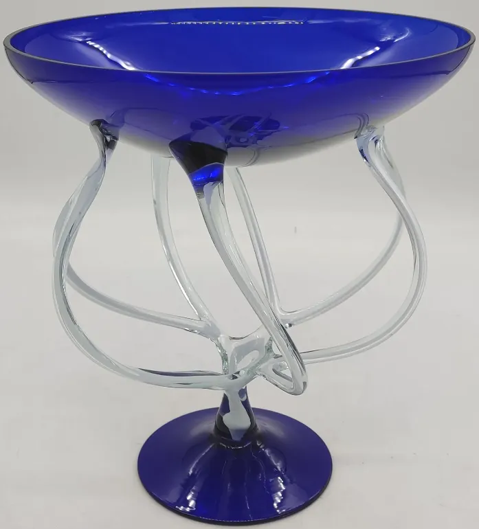Fadenfuß Glasschale kobaltblau mundgeblasen Höhe ca 28cm Breite ca 25,5cm – Bild 3