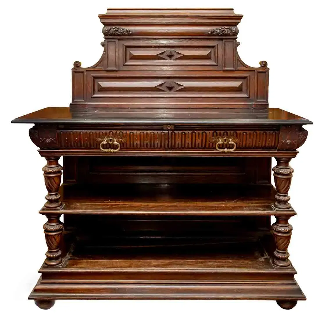 Vintage Antiker Ladentisch mit Aufsatz (Stein-Platte), Schnitzereien, L 132 cm, Holz - Bild 4