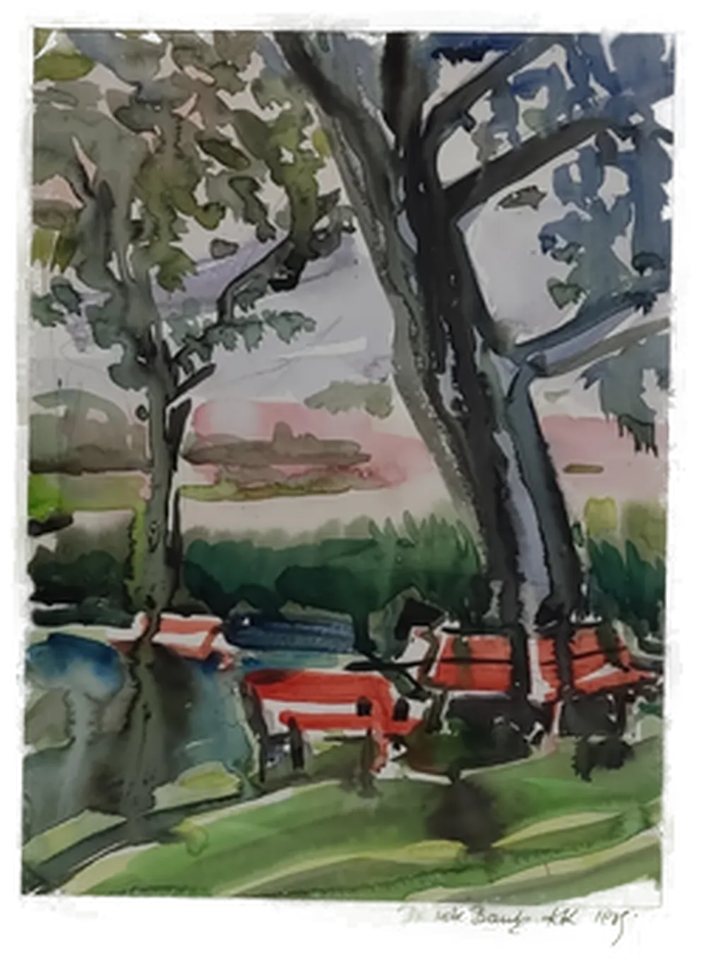 Gerahmtes Aquarell Bild 'Die Rote Bank' -1915 | Vintage-Schatz - Bild 1